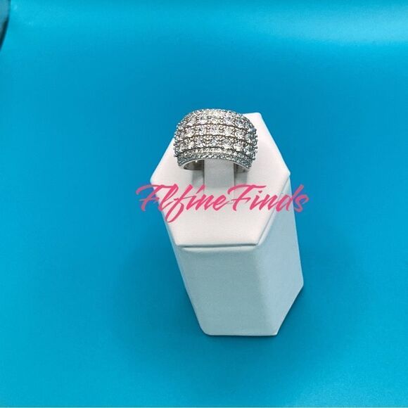 🧊💍Wide Luxurious Silver CZ Diamond 5-Row Sparkle Band Statement Cocktail Ring - Picture 13 of 17